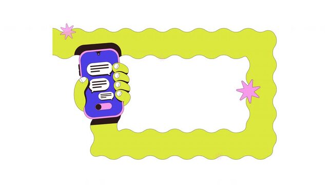 Hand holding phone lock screen with push messages neubrutalism user interaction animation. Animated wavy arm with mobile notification bubbles. Smartphone guidance 4K video. Tutorial 2D motion graphic