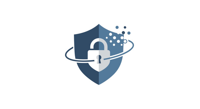 Shield with padlock and digital orbit.