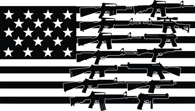 American flag composed of assault rifles and pistols silhouette