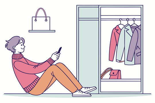 Kobieta korzystająca ze smartfona przed otwartą szafą z ubraniami &ndash; zakupy online i wyb&oacute;r garderoby.