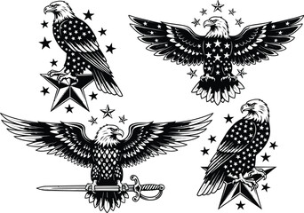 Obraz premium Vintage american eagle illustrations with patriotic stars and military sword