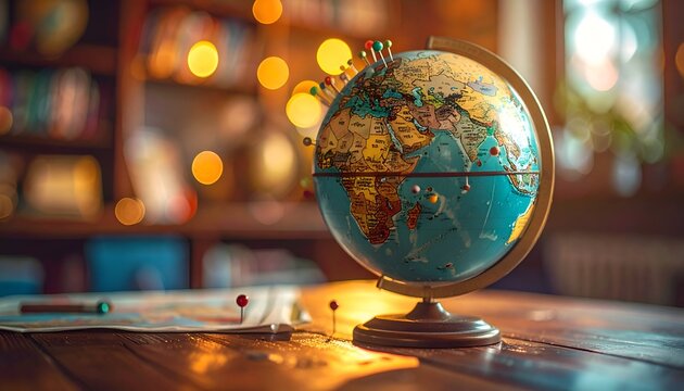A vintage world map desk globe standing on a wooden surface with beautiful soft golden bokeh light circles in the background