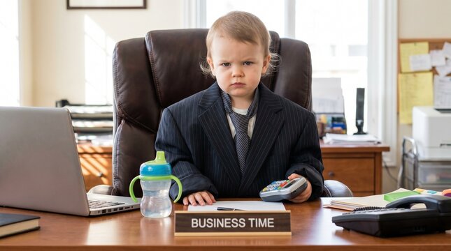 A young boy in a business suit sits at a desk with a laptop and a sippy cup in an office.