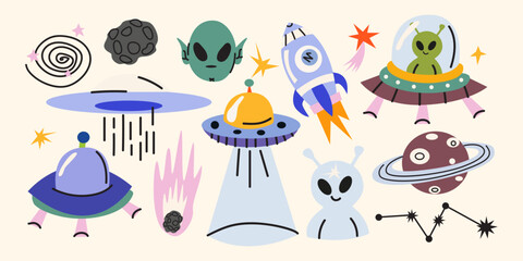 Collection of cartoon space stickers. Galactic elements, planet, rocket, alien, UFO, meteorite, satellite, stars. Space vector illustration in trendy doodle groovy style © luamor