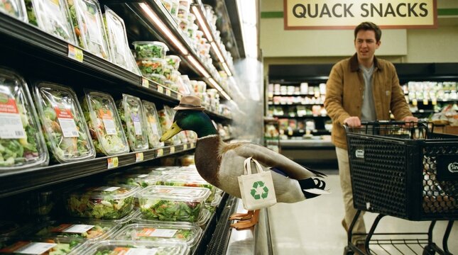 Man shopping with duck in store, near quack snacks and produce