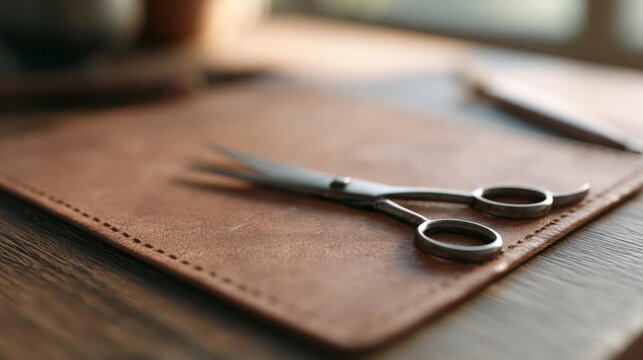 Pair of scissors resting on top of a brown leather wallet. the wallet is resting on a wooden table with a blurred background.