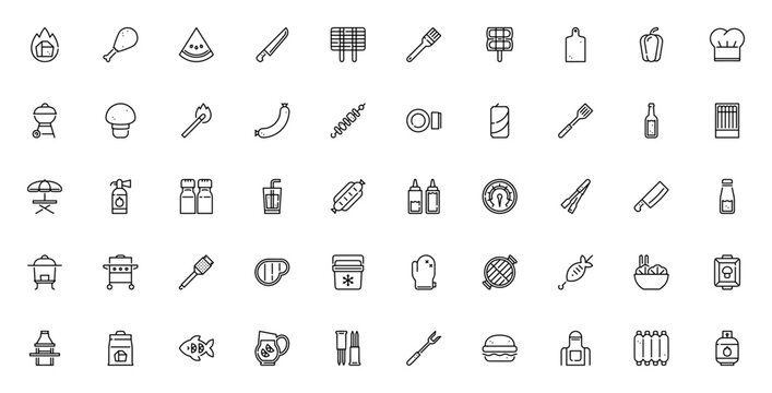 BBQ line craft icon set. Grilling vector pack. Featuring burning coal, chicken leg, watermelon, knife, grill, basting brush, charcoal, steak, hamburger, sausage, and more. Editable stroke.