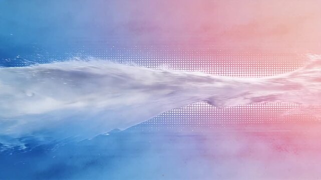 White liquid splash with dynamic fluid motion on blue pink gradient halftone background