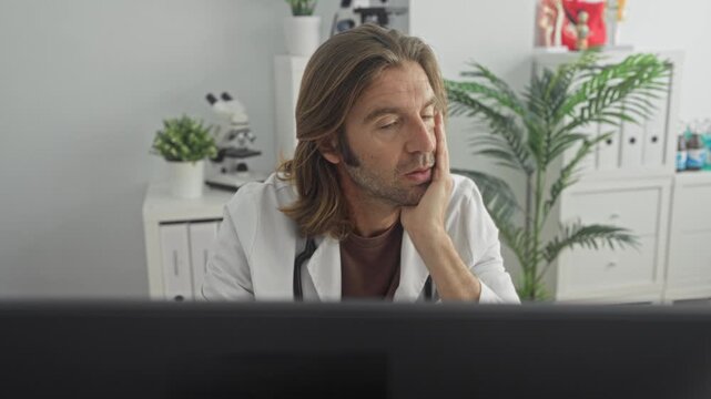 Man doctor in a clinic building with hands on cheeks at computer screen showing concern; burnout fatigue.