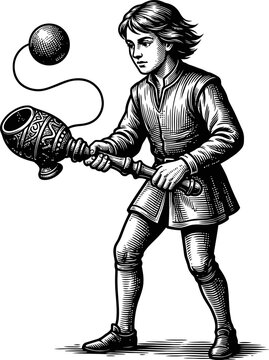 Vintage boy playing with a cup-and-ball toy, detailed engraving, historical game, childhood pastime, retro style illustration