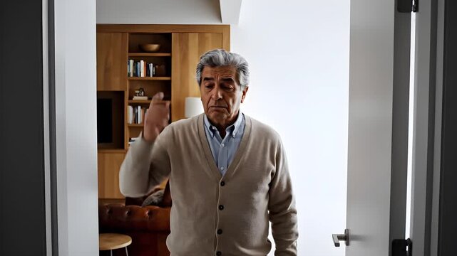Confused senior man standing in doorway scratching his head while a glowing question mark appears above him representing memory loss or dementia