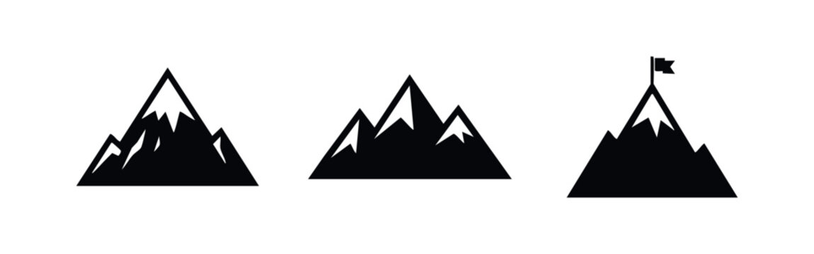 Mountain Landscape Icons Including Snowy Peak, Mountain Range, and Mountain Summit with Flag