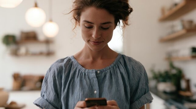 Young woman standing in a kitchen, looking down at her phone. she is wearing a blue and white striped blouse and has her hair styled in loose curls.