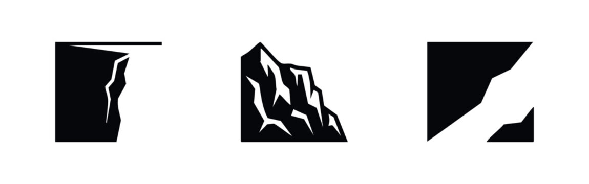 Geological Cliff Icons Including Vertical Cliff Edge, Mountain Side, and Deep Canyon Crevasse