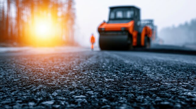 Heavy construction equipment compacts freshly laid asphalt on a road