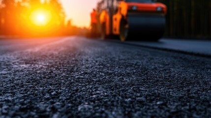 Fototapeta premium A road roller compacts fresh asphalt on a sunlit road at sunset