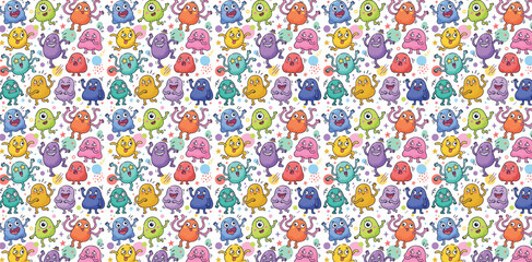 Obraz premium Colorful whimsical pattern of small cartoon monsters on white background