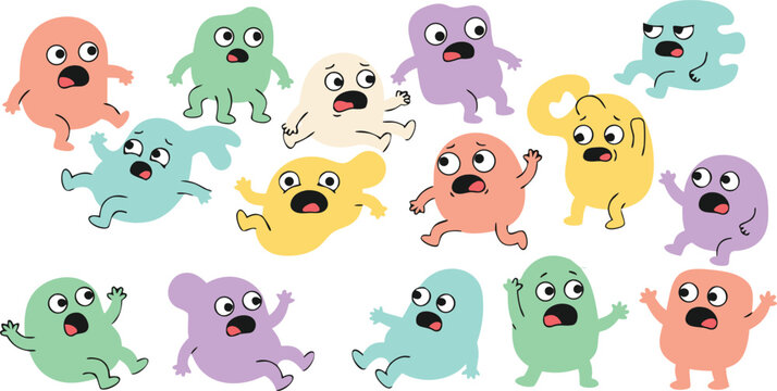 Group of colorful cartoon bears with shocked expressions on their faces