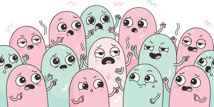 A crowd of various cartoon ghosts with different facial expressions on their faces in pastel pink and green colors