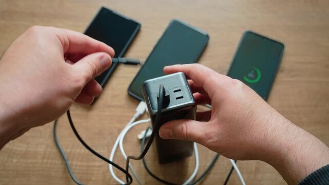 Connecting cables to power bank for charging multiple smartphones including standard USB and two USB C connections. Attaching plugs one by one while preparing portable charger for multi device use
