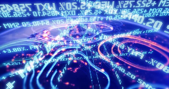 Digital technology background with world map and stock data. Business And Finance Related 3D Animation.