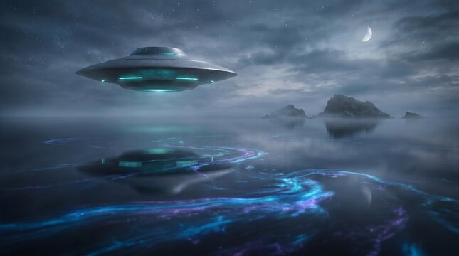 UFOs hover above glowing blue ocean waves under a cloudy night sky with a crescent moon shining brightly in the darkness.