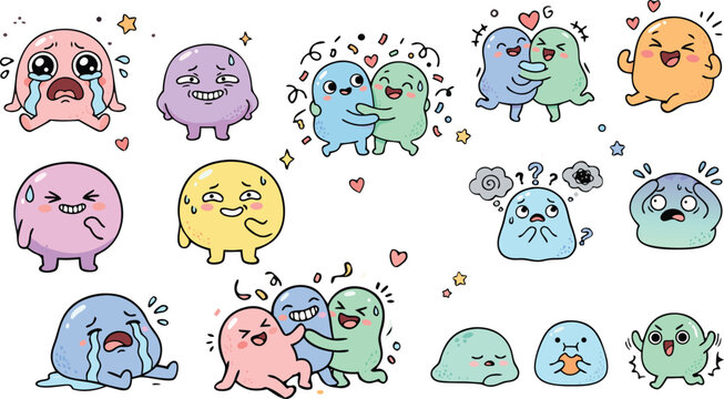 Colorful cartoon characters with various emotions and reactions