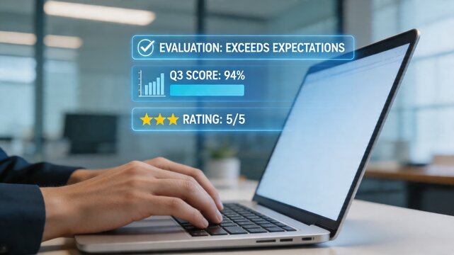 A person working on a laptop with an evaluation score displayed on the screen in a modern office setting, indicating a high level of performance and achievement.