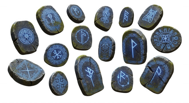 Collection of weathered stone runes with glowing blue nordic symbols and ancient carvings isolated on a black background