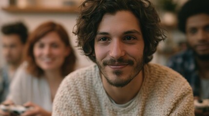 Close-up portrait of a young man with curly hair and a beard. he is smiling and looking directly at the camera. he appears to be in his late twenties or early thirties.