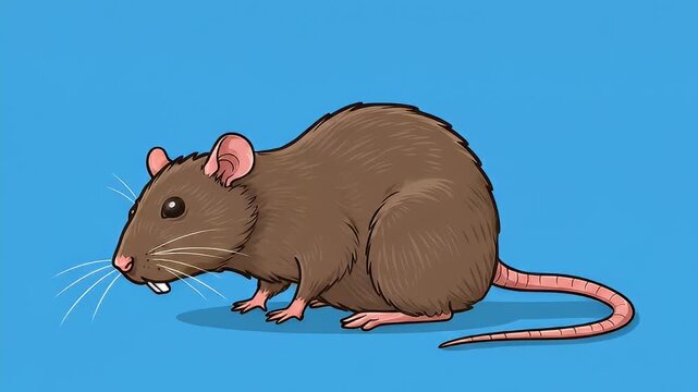 Cartoon rodent illustration with pink ears, nose and tail against blue background
