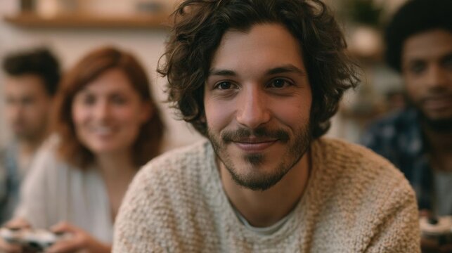 Close-up portrait of a young man with curly hair and a beard. he is smiling and looking directly at the camera. he appears to be in his late twenties or early thirties.