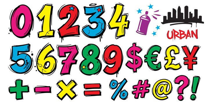 Graffiti style multicolor numbers 0&ndash;9 with currency, math symbols, spray can and urban skyline in bold hand drawn vector set