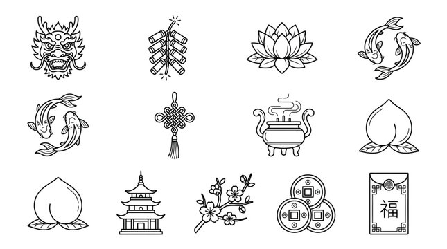 A collection of traditional Chinese cultural icons, including a dragon, firecrackers, lotus, koi fish, knots, incense, peaches, pagodas, plum blossoms, coins, and red envelopes.