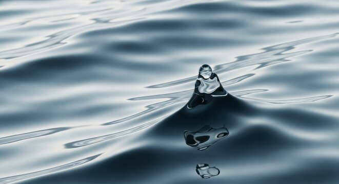 Close-up of a single water drop forming on a rippling liquid surface with organic flow patterns