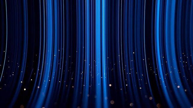 Vertical blue light beams with glowing particles in dark background