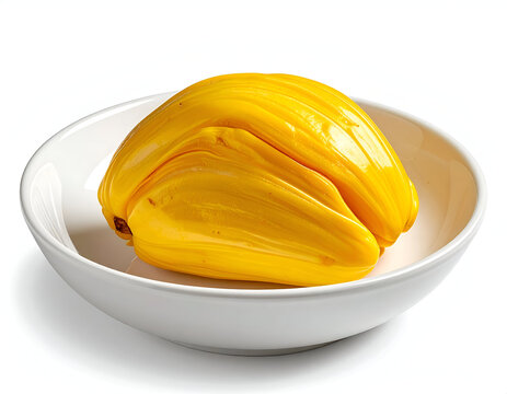 A bright yellow ripe jackfruit or cempedak fruit pod resting cleanly inside a minimalist white ceramic bowl on white