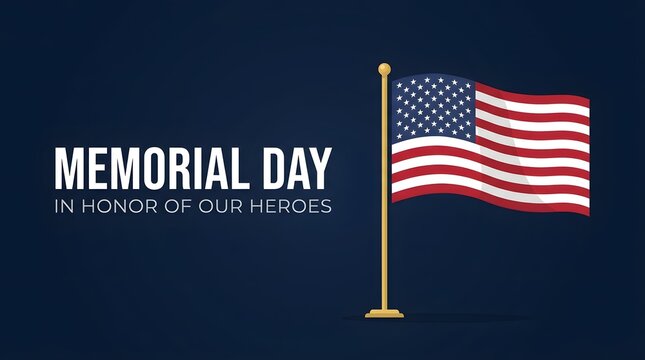American flag waving on pole with Memorial Day text