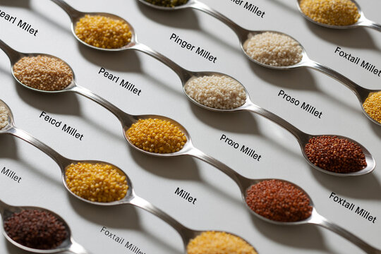 Variety of millets in spoons, colorful grain samples, healthy food ingredients, superfood millet