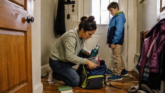 Busy mother packs school backpack while child waits by the door, showing morning rush, parenting pressure and family logistics at home.