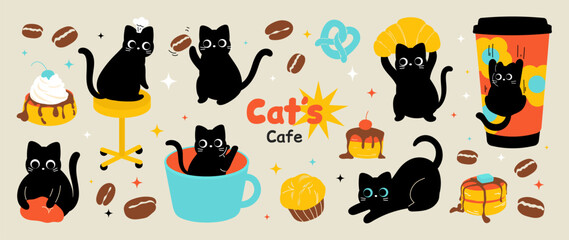 Fototapeta na wymiar Cute black cat cafe dessert flat vector set. Kawaii cats with coffee cup, cake, pastry, beans and colorful cafe elements for sticker, menu, nursery print and packaging design.