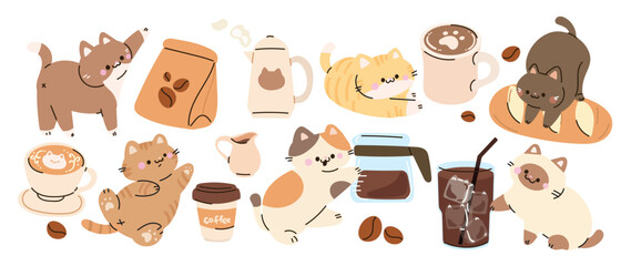 Fototapeta na wymiar Cute cat cafe doodle flat vector set. Kawaii kittens with coffee cup, croissant, cake, books, plant and paw icons design for sticker, menu, nursery print and packaging.