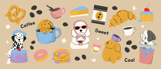Fototapeta na wymiar Cute dog coffee dessert flat vector set. Kawaii puppies with cafe cup, croissant, pretzel, donut, cake and iced drink design for sticker, menu, nursery print and packaging.