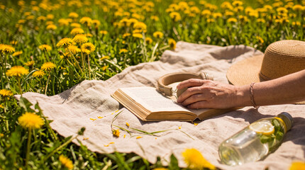 Relaxing with a book and headphones on a picnic blanket amidst a vast, sunlit field of vibrant yellow dandelions. © Laura