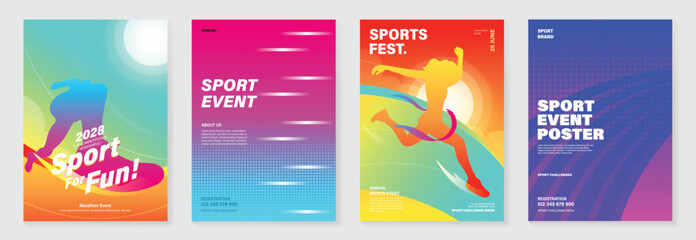 Obraz premium Running charity 5K event poster vector set. Colorful fun run marathon flyer templates with athlete illustration, race track, sport typography and fitness design for banner, invitation and promotion.