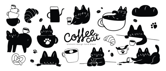 Fototapeta na wymiar Cute black cat cafe dessert flat vector set. Kawaii cats with coffee cup, cake, pastry, beans and colorful cafe elements for sticker, menu, nursery print and packaging design.