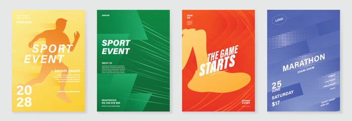 Obraz premium Running charity 5K event poster vector set. Colorful fun run marathon flyer templates with athlete illustration, race track, sport typography and fitness design for banner, invitation and promotion.