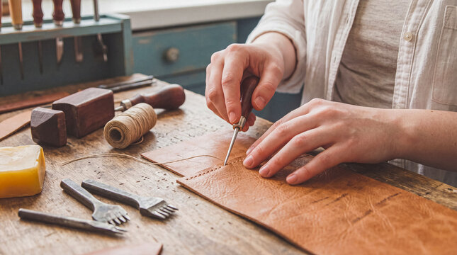 Artisan's hands carefully stitching a piece of brown leather on a rustic wooden workbench.