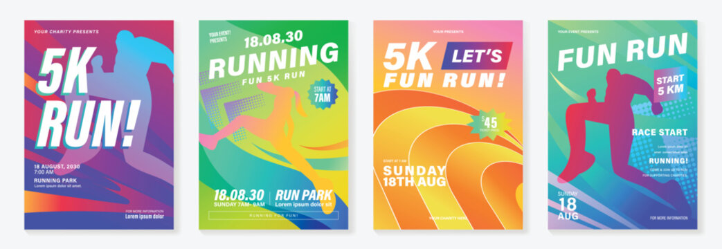 Running charity 5K event poster vector set. Colorful fun run marathon flyer templates with athlete illustration, race track, sport typography and fitness design for banner, invitation and promotion.