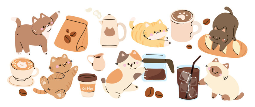 Cute cat cafe doodle flat vector set. Kawaii kittens with coffee cup, croissant, cake, books, plant and paw icons design for sticker, menu, nursery print and packaging.